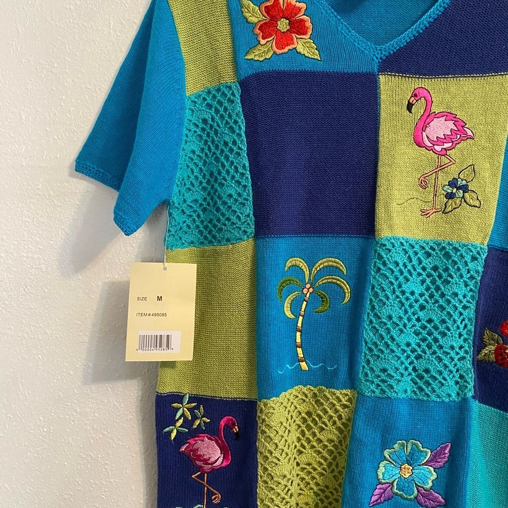 New Colorful M Flamingo Colorful Sweater Granny Bright Cottage Coquette b1-22 - Picture 3 of 10